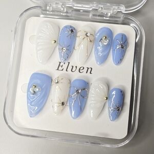 Blue and White Handmade Press On Nails With Pearls Medium Almond